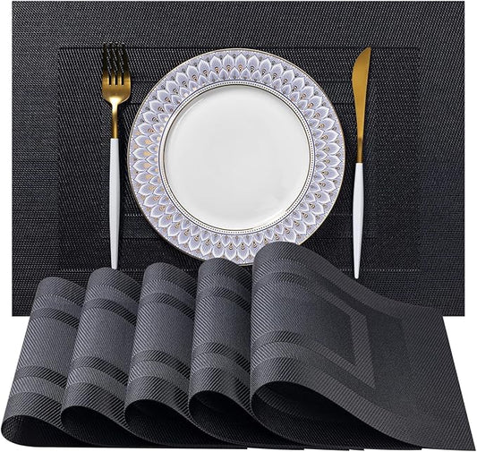 LEXMORE Placemats Set of 4 Vinyl/Plastic Woven Place Mats for Kitchen Table Indoor/Outdoor Washable Placemat Wipeable Dining Table Mats(Black Cube)