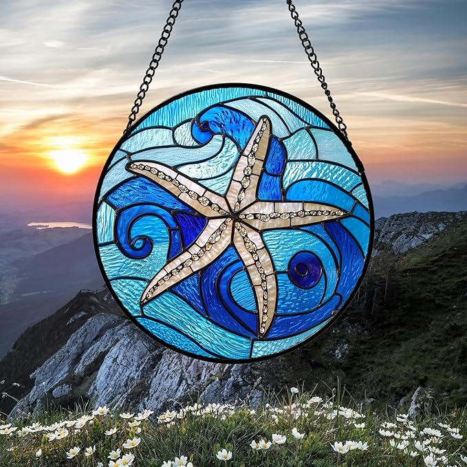 Stained Glass Window Hanging 4 Pcs Set Blue Ocean Waves 7.8" - Starfish Crab Seal Suncatcher Door Garden Sun Catcher Decor Birthday for Mom Woman Nana Men Friend