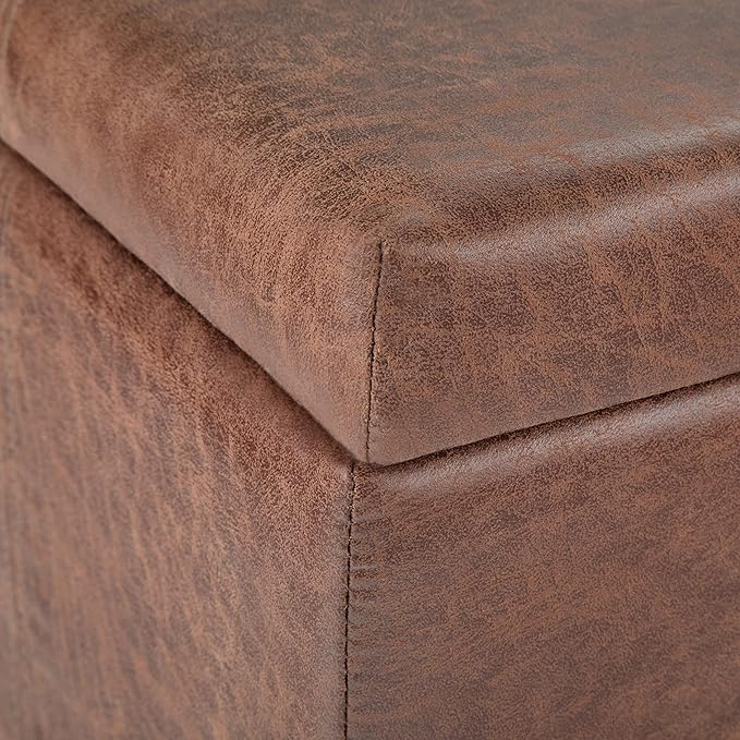 SIMPLIHOME Dover Storage Ottoman Bench - 36 inch Wide Upholstered Vegan Leather Rectangular Lift-Top Ottoman in Distressed Umber Brown, Contemporary Bench for Living Room with Safety Hinges