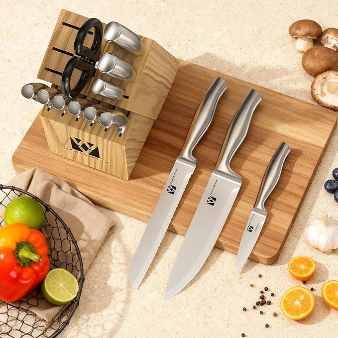 Knife Set, Knife Block Set Stainless Steel, Premium Knives Set For Kitchen, 14 Pieces Knife Set with Block, Dishwasher Safe, Ergonomic Handle, Natural Wooden Block, Gifts For Women