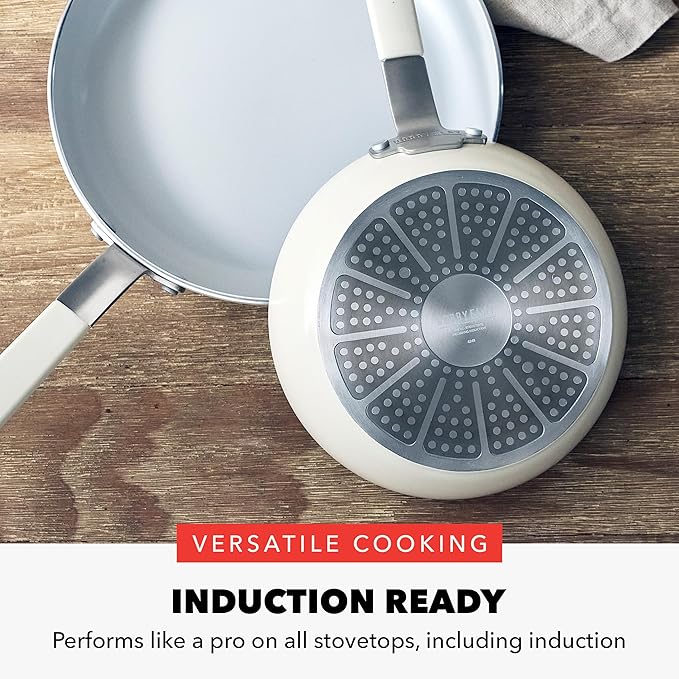GreenPan x Bobby Flay 2 Piece- 8??and 10??Nonstick Frying Pan Skillet Set, PFAS-Free Diamond Ceramic, Induction Suitable, Stay-Cool Silicone Handle, Easy Clean Dishwasher & Oven Safe, Cream
