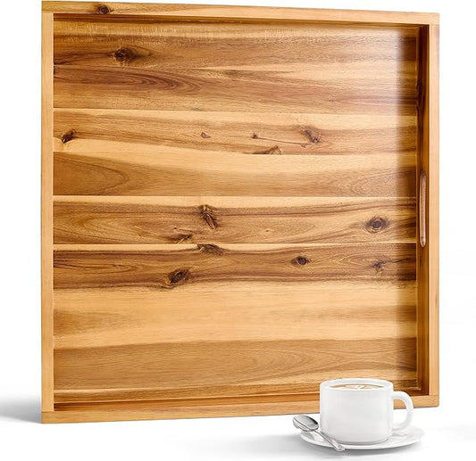 20 Inch Acacia Wood Ottoman Tray - Wooden Square Serving Tray with Handles - Extra Large Food Serving Trays for Decorative, Coffee Table, Breakfast in Bed - Charcuterie Trays Use for Kitchen