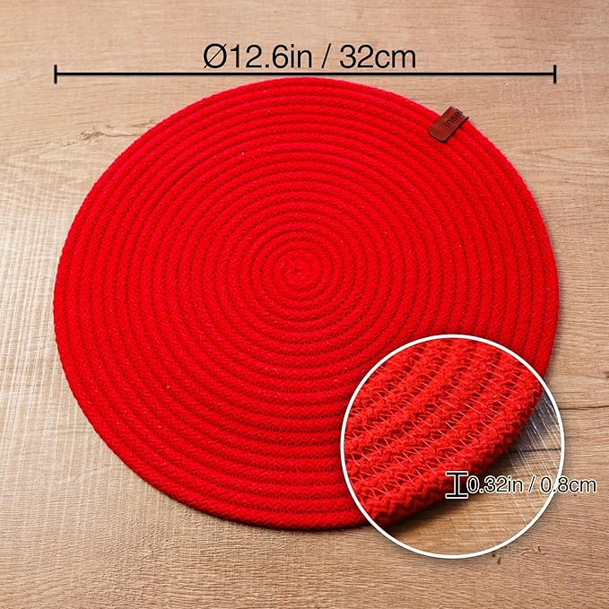 Round Placemats, Set of 6, Handmade by Braided Cotton Cord for Kitchen and Dining Table, Dia. 12.6 Inch, Doublesided, Heat Resistant, Red/Green