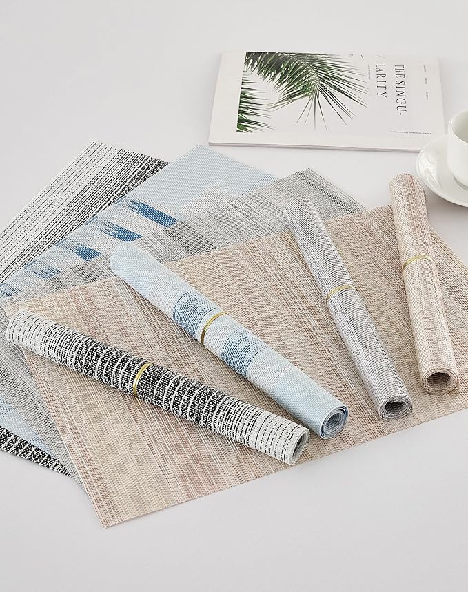 Leetaltree Geometric Print Blue Placemats Set of 4 - Heat Resistant Non-Slip Place mats for Dining Table, Washable Durable PVC Vinyl Woven Table Mats (Geometric Blue, 4)