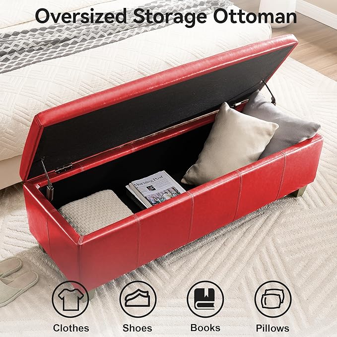 WUTUTUEE 51" Faux Leather Storage Ottoman, Stitch Tufted Rectangle Upholstered End of Bed Storage Bench, Entryway Large Couch Ottoman with Wooden Legs,Red