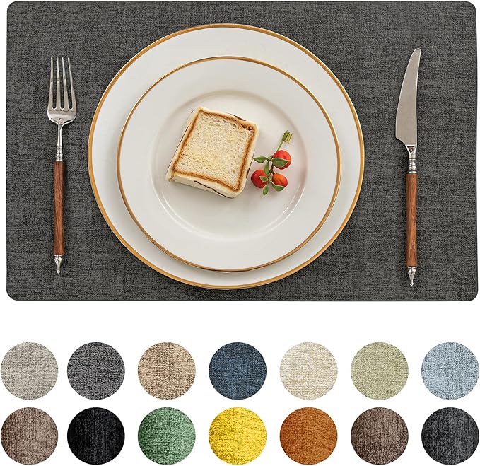 Romanstile Vinyl Placemats Set of 4-12 X 17 Inch - Heat Resistant Place Mats 100% Waterproof Oilproof Wipeable Reversible Faux Leather Table Mats for Kitchen, Dining, Party, Outdoor, Charcoal