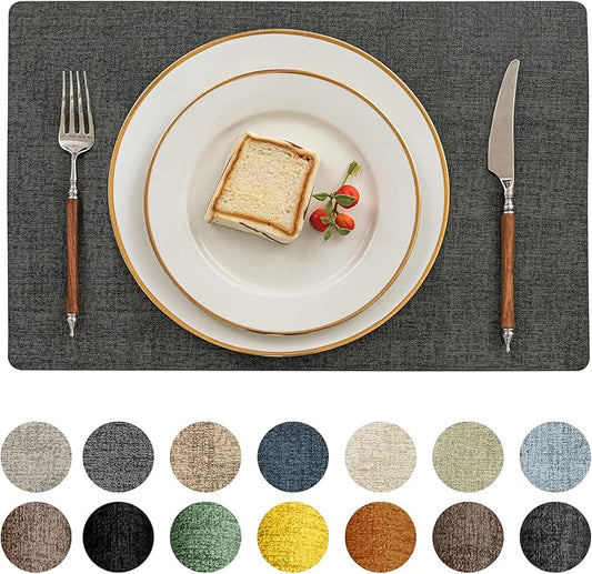 Romanstile Vinyl Placemats Set of 6-12 X 17 Inch - Heat Resistant Place Mats 100% Waterproof Oilproof Wipeable Reversible Faux Leather Table Mats for Kitchen, Dining, Party, Outdoor, Charcoal