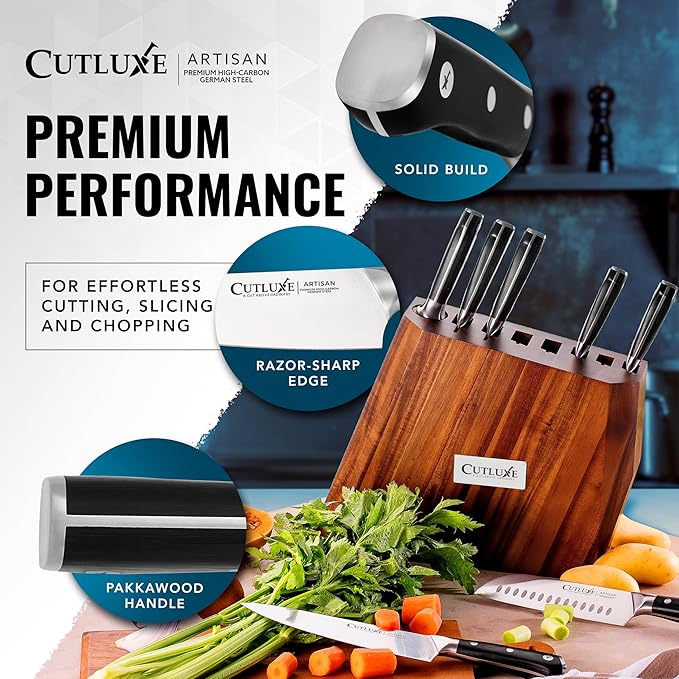 Cutluxe Kitchen Knife Set ??8 Pcs Professional Chef Knife Set with Block ??Razor Sharp Knives with Full Tang Design, High Carbon German Steel, Natural Acacia Wood Block ??Artisan Series