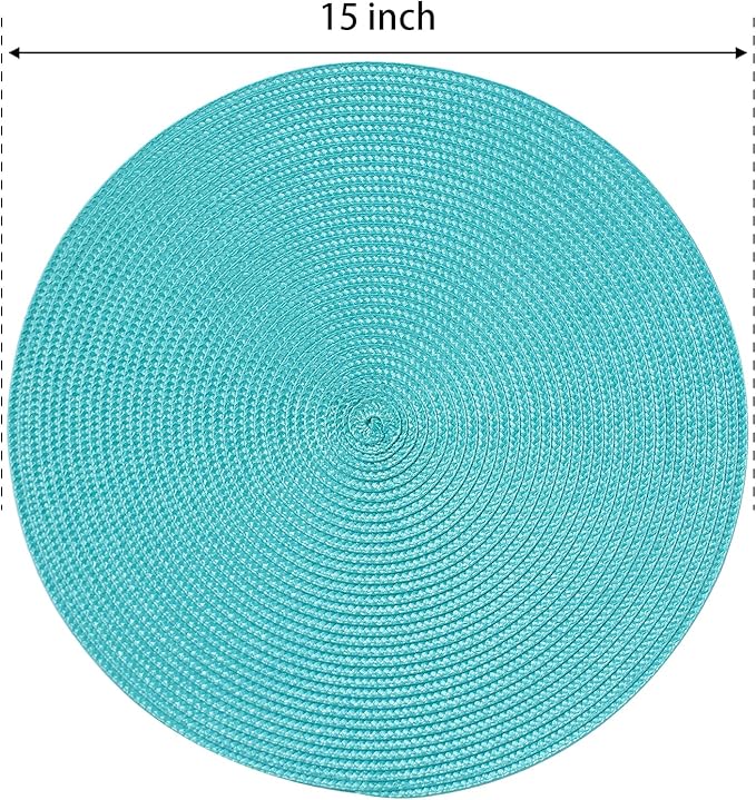 FunWheat Round Braided Placemats Set of 6 Table Mats for Dining Tables Woven Washable Non-Slip Place mats 15 inch(Turquoise, 6pcs)