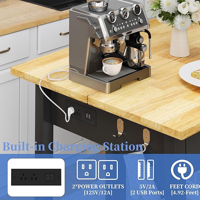 60" Solid Rubberwood Kitchen Island with Power Outlets - Extra Large Work Surface, 3 Drawers & 2 Open Shelves Storage Cabinet for Kitchen Dining Room, Farmhouse Style (Black)