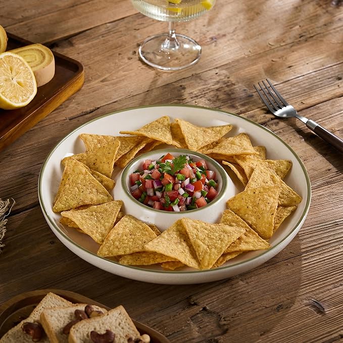 Ceramic Chip & Dip Tray Set: Large 11.5" Serving Platter for Chips & Salsa, Veggies & Dip, Fruits, Snacks, Appetizers Bowl, Entertaining, and Parties