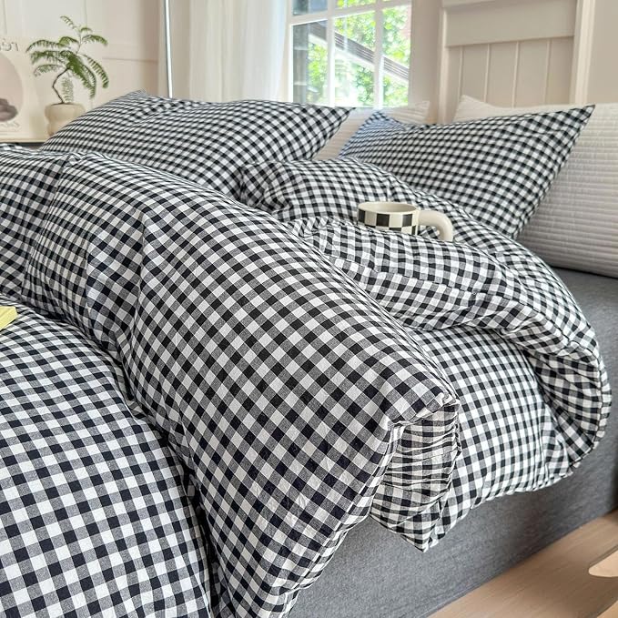 LifeTB Black Gingham Comforter Full Size Boho Plaid Checkered Pattern Comforter Geometric Grid Plaid Printed Bedding Comforter Set with 2 Pillowcases Fluffy Bed Luxury Soft Gingham Bedding Set Full