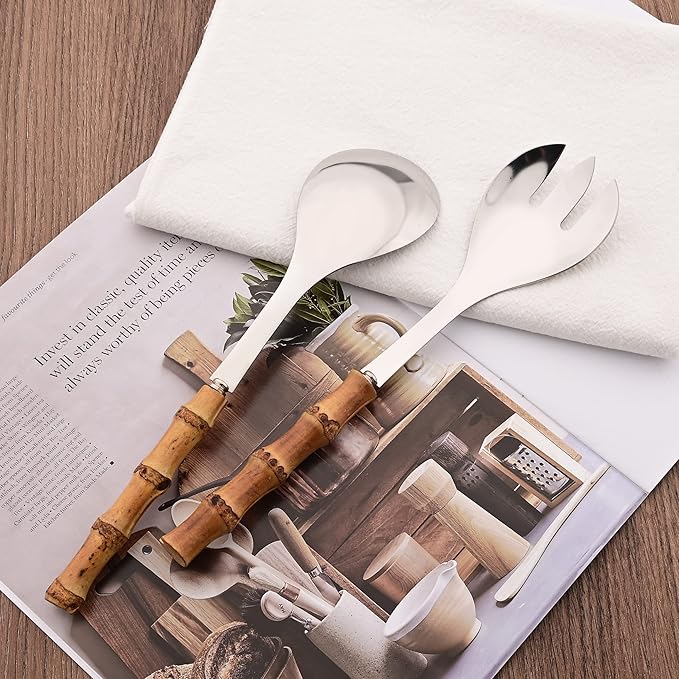 Serving Spoons Set of 2, 10.0" Stainless Steel Serving Spoons with Natural Bamboo Handle, Silver Large Serving Utensils of Spoons, Big Ladle for Buffet, Party, Banquet, Kitchen, Tablespoons Flatware