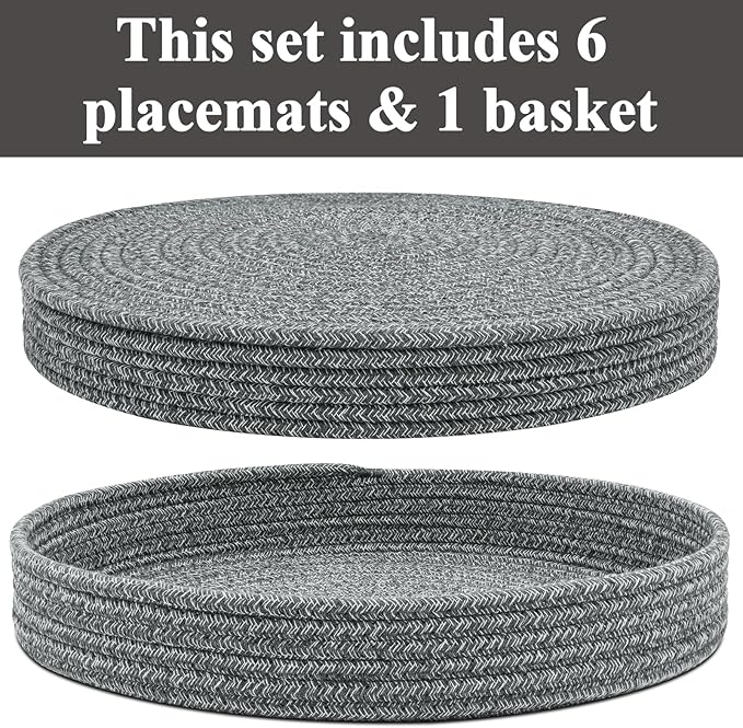 Round Placemats Set of 6 with Holder, Cotton Rope Woven Place Mats, Hot Pads for Kitchen, Heat Resistant Table Mats, 13 Inch Farmhouse Washable Braided Placemat for Kitchen Decor (Dark Gray)