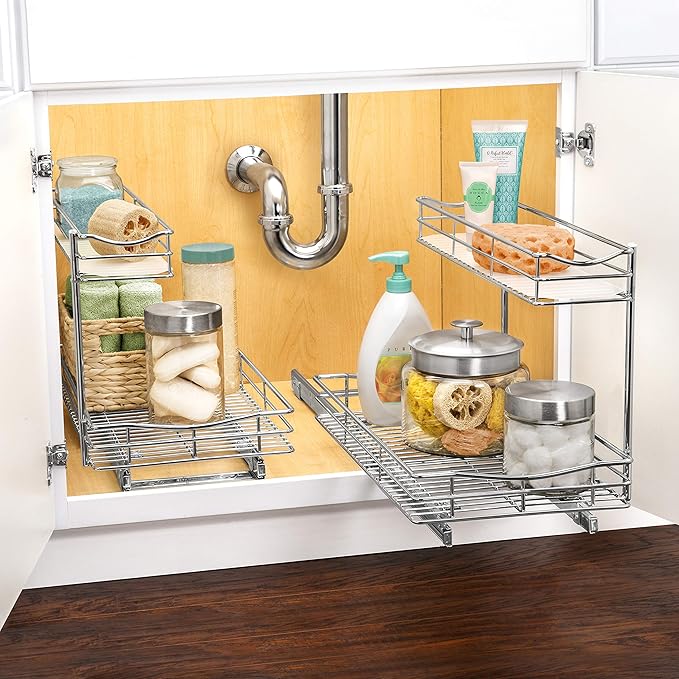 LYNK PROFESSIONAL짰 Pull Out Under Sink Kitchen Cabinet Organizer - 11.5 in. x 18 inch deep Drawer - Sliding Shelf Organizer for Cabinets and Undersink Storage Shelves - Lifetime Ltd. Warranty ??Chrome