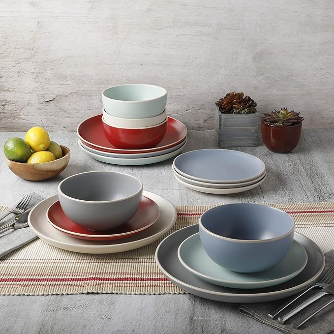 Gibson Home Rockaway 12-Piece Round Stoneware Dinnerware Set, Service for 4 ??Blue Plates and Bowls, Microwave & Dishwasher Safe