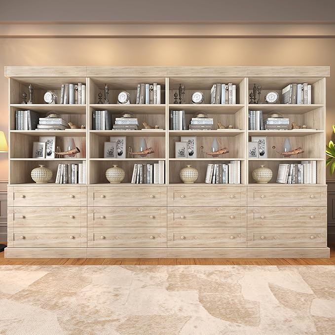 71" Tall Farmhouse Bookshelves, Large Bookcase with Adjustable Shelves, 3 Drawers Wooden Storage Cabinet for Living Room, Kitchen, Home Office, Dining Room, Brown 4 PCS