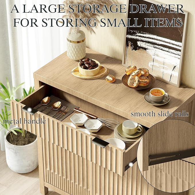 FLOWBACK 64'' Fluted Buffet Cabinet with Storage竊똋arge 62''W Sideboard Cabinet Modern Credenza with Fluted Doors & Shelves Farmhouse Coffee Bar Media Console Accent Cabinets for Living Room, Entryway