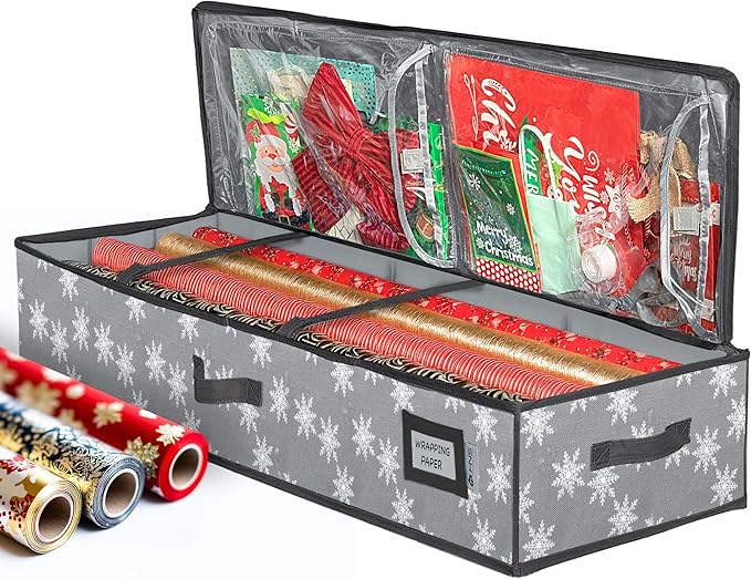 HOLDN??STORAGE Premium Wrapping Paper Storage Container - Durable 600D Tear-Proof, Fits 27 Rolls Gift Wrap, Extra Pockets for Ribbons & Bows, Underbed Storage - Ideal for Holiday Christmas, Grey/White Snowflakes