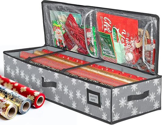 HOLDN??STORAGE Premium Wrapping Paper Storage Container - Durable 600D Tear-Proof, Fits 27 Rolls Gift Wrap, Extra Pockets for Ribbons & Bows, Underbed Storage - Ideal for Holiday Christmas, Grey/White Snowflakes
