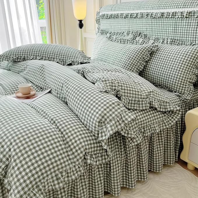 LifeTB Green Gingham Comforter Set Full Size Ruffle Plaid Checkered Pattern Comforter Farmhouse Grid Plaid Gingham Bedding Comforter Set with 2 Pillowcases Fluffy Soft Lightweight Grid Bedding Set