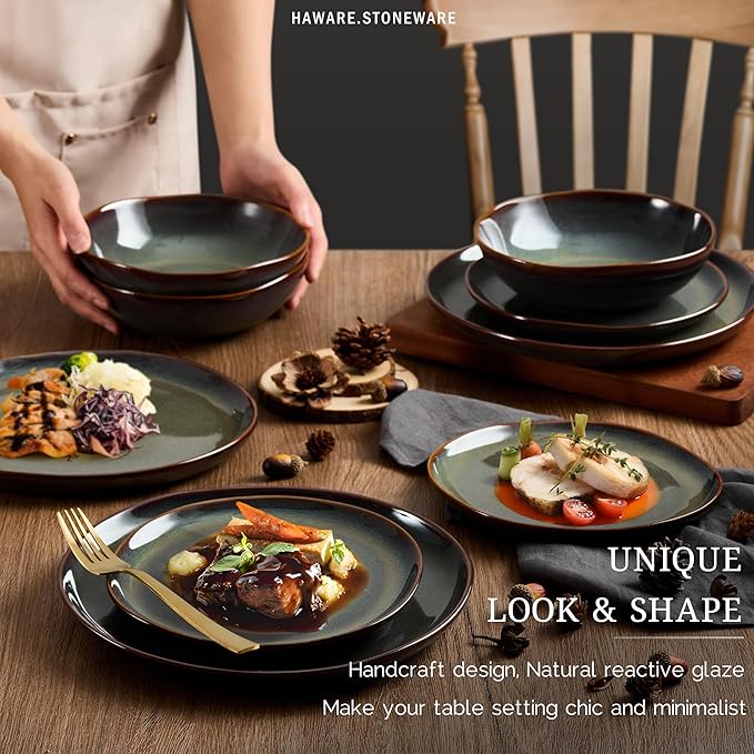 HaWare Plates and Bowls Set, Stoneware Dinnerware Sets, 12-Piece Hand-painted Dishware for 4, Ceramic Dinner Set for Home Kitchen, Scratch Resistant, Microwave and Dishwasher Safe, Reactive Moss Green