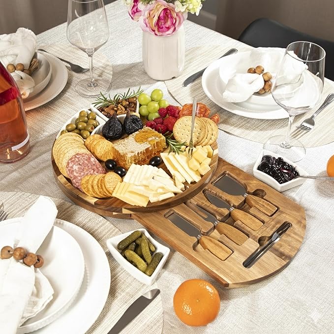 Acacia Cheese Board & Knife Set ??Charcuterie Board with Ceramic Bowls, Slide-Out Drawer & Serving Utensils, Perfect for Entertaining ??Ideal Gift for Weddings, Housewarming & Holidays