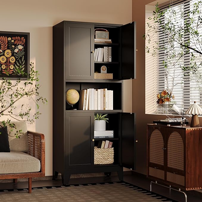 69"H Black Pantry Kitchen Cabinet with Microwave Stand,Black Metal Storage Cabinets,Freestanding Pantry Cabinet,Farmhouse Food Storage Cabinets,Tall and Large Pantry Cabinets for Kitchen, Dining Room