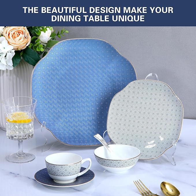 Blue 24 Piece Porcelain Dinnerware Set,Bone china for 4, Plates and Bowls Sets With Grid pattern, Highly Chip and Crack Resistant | Dishwasher Safe Dishes Set (Deep Blue + Grid)