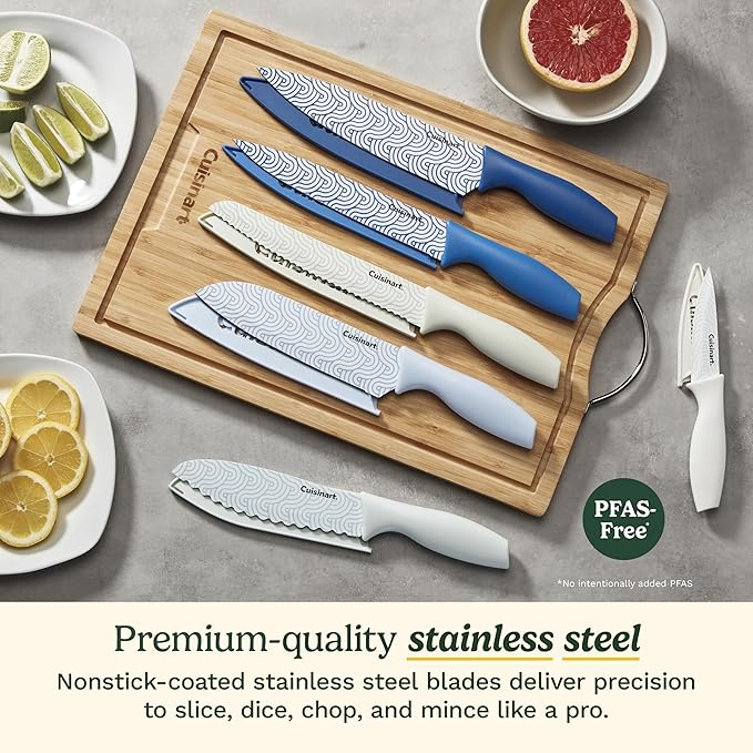 Cuisinart Advantage 12-Piece Kitchen Knife Set, Professional-Quality Nonstick Coated Stainless Steel Knives with Covers, Nonstick Color Coating for Easy Slicing, Ergonomic Handles, G1022-12BW
