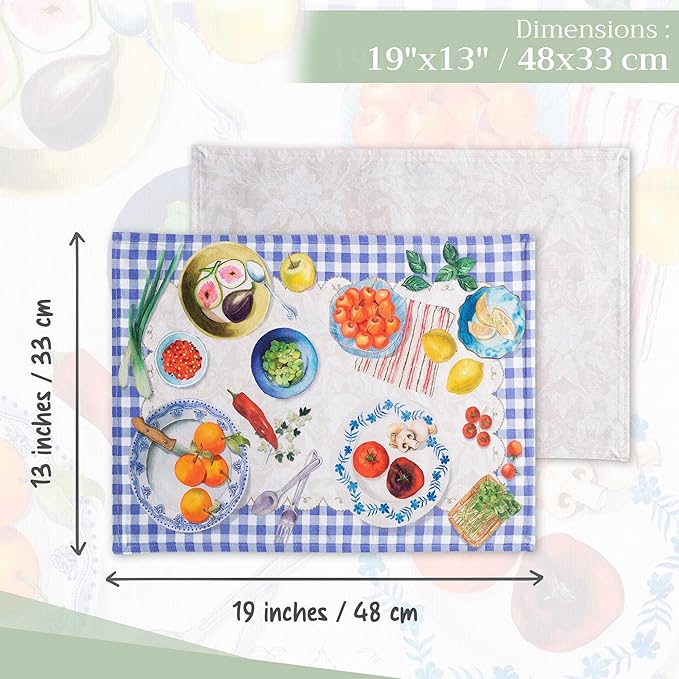 Maison d' Hermine Placemats Set of 4 100% Cotton Washable Cloth Place Mats, Reusable Table Mats for Kitchen Dining Decoration, Party, Wedding, Restaurant Spring/Summer (Gourmand, 13" x 19")