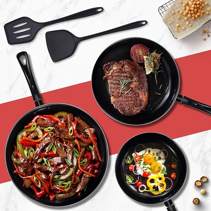 Nonstick Frying Pan Set - Iron Frying Pan 3-Piece Set (8", 10", 12") + 2 Silicone Spatulas, With Premium Nonstick Coating, Up to 450째F, Skillet Suitable for Induction, Gas & More