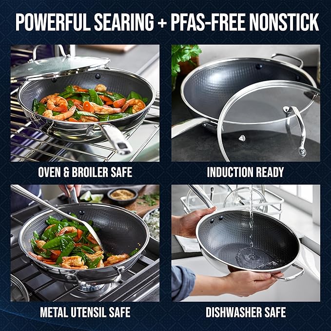 Blue Diamond Hybrid Nonstick Stainless Steel 12??Wok with Lid, PFAS-Free Ceramic Diamond Bond Stir-Fry Pan, Induction Ready, Dishwasher & Oven Safe, Metal Utensil Safe, Stay-Cool Handle, Silver