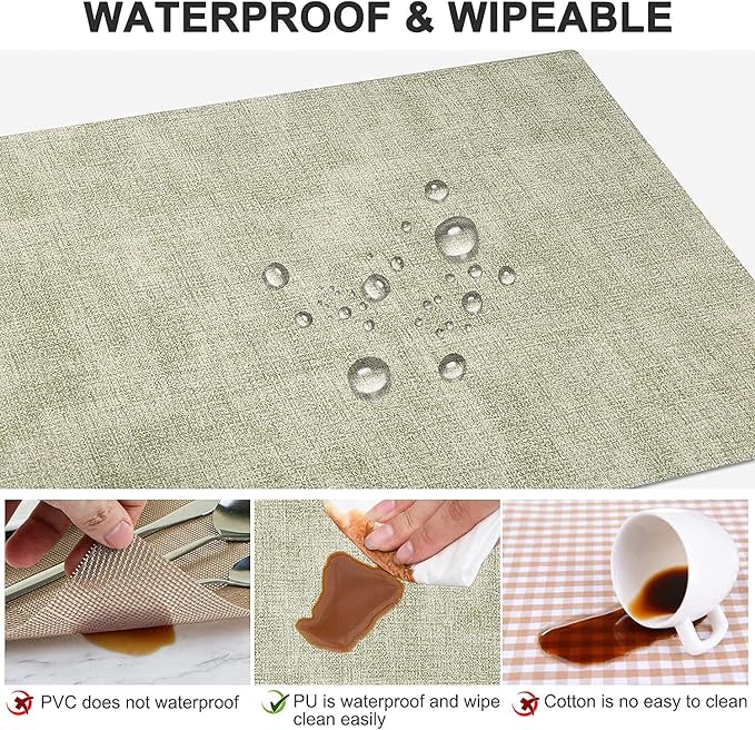 LANDVIEW Leather Heat Resistant Placemats Set of 6 Waterproof Wipeable Washable PU Table Mats,Easy to Clean Anti-Slip Place Mats (Light Green, 6)