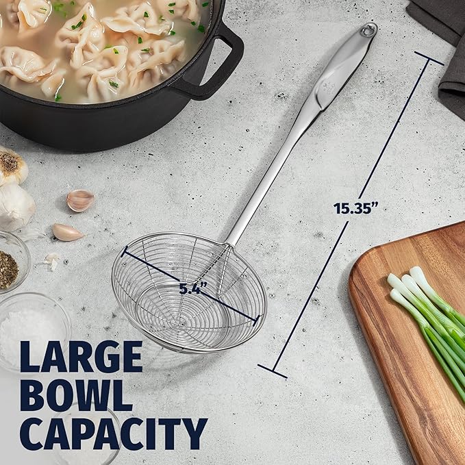 Zulay Kitchen Premium Stainless Steel Skimmer Strainer Ladle - 15??Large Straining Spoon for Frying, Boiling & Blanching - Durable, Rust-Resistant & Heat-Proof Kitchen Tool for Everyday Use