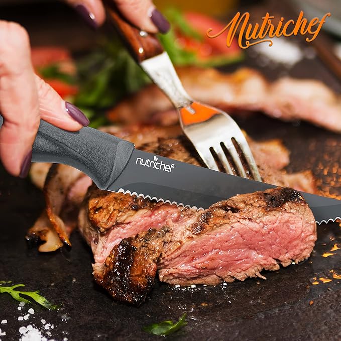 NutriChef Steak Knife Set of 8 - Premium Serrated Stainless Steel Kitchen Knife Set - Ergonomic Design, Sharp Blades, Non-Stick, & Rust-Resistant - Perfect for Home, BBQ's & Restaurants Gray