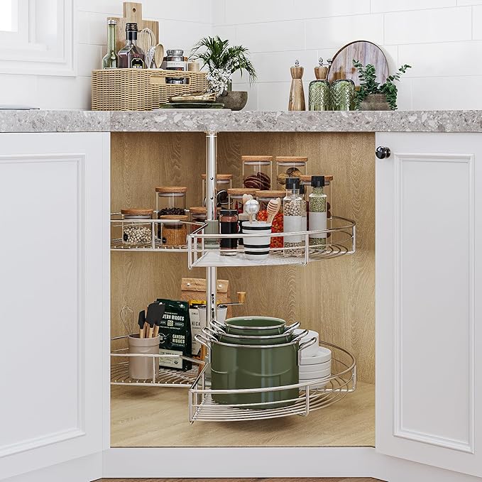 DWVO 28??Kidney 2-Tier Lazy Susan ??Telescoping Mount Corner Cabinet Organizer with Pie-Shelf Design, for Bathroom,Kitchen Cabinet Blind Corners (Chrome, 270째 Adjustable)