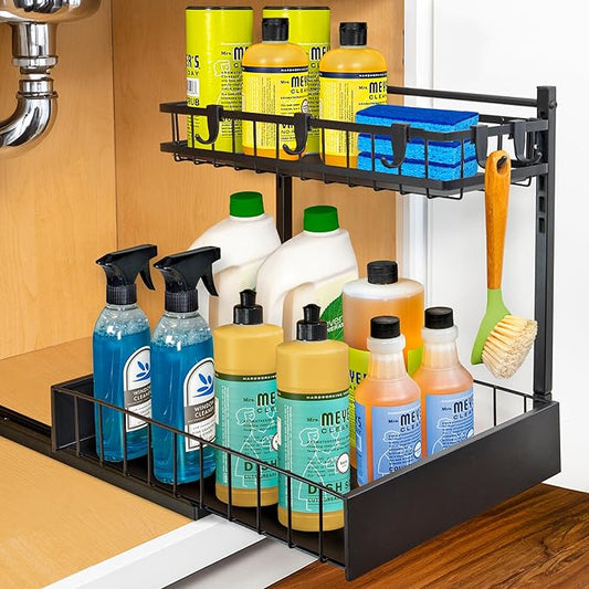 LYNK PROFESSIONAL짰 Pull Out Under Sink Kitchen Cabinet Organizer - 10" W x 14" D 2-Tier Drawer - Sliding Shelf Organizer for Cabinets and Undersink Storage Shelves - Lifetime Ltd. Warranty ??Black