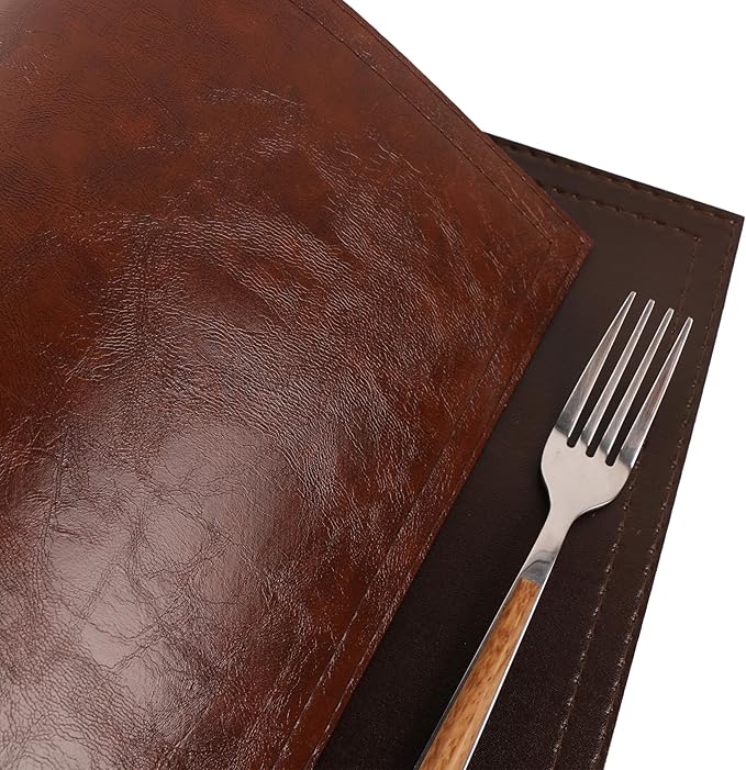 Jovono Waterproof PU Placemats, Faux Leather Dining Table Mat, Set of 8, Easy to Wipe Off Scrub Vinyl Mat, Heat & Stain Resistant for Office Conference Table, Home D챕cor Brown