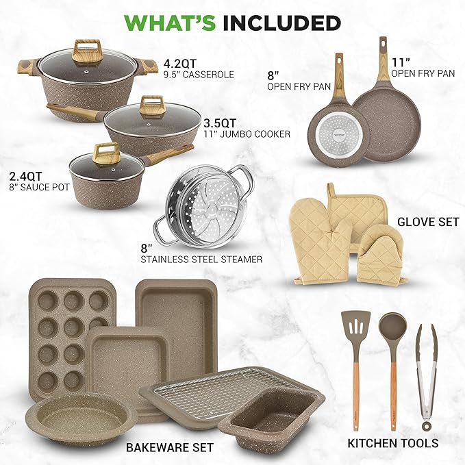 Nutrichef 22-Piece Marble Non-Stick Cookware and Bakeware Set - Professional Home Kitchen Collection with Multi-Sized Pots, Pans, and Heat-Resistant Tools