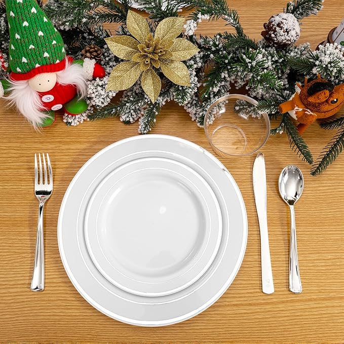 I00000 350Pcs Silver Plastic Dinnerware Set, Plastic Plates Disposable for 50 Guests Include: 100 Silver Rim Plates, 50 Paper Napkins, 50 Cups, 50 Plastic Silverware Set Perfect for Party & Wedding