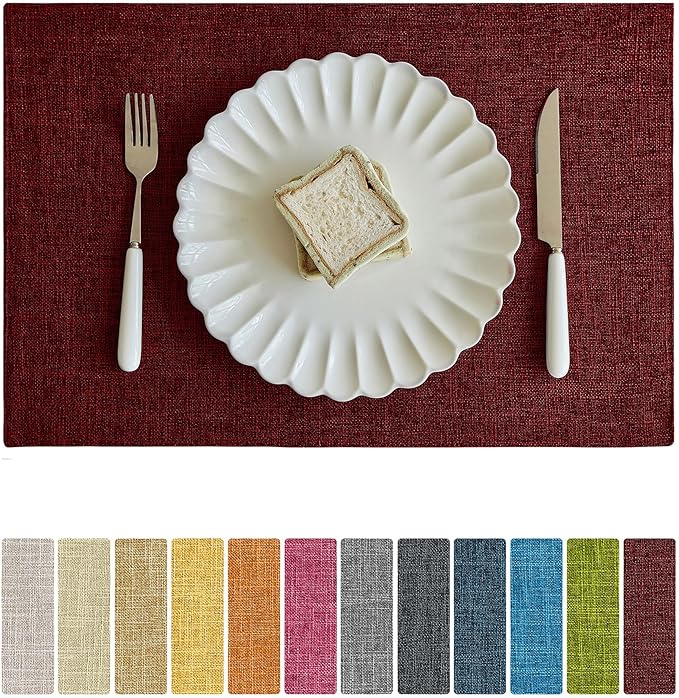 Softalker Faux Linen Placemats Set of 6-12 x 18 Inch, Heat Resistant Double Layered Durable Burlap Farmhouse Place Mats, Non-Slip Washable Rustic Table Mats for Dining, Kitchen, Party竊늃ed
