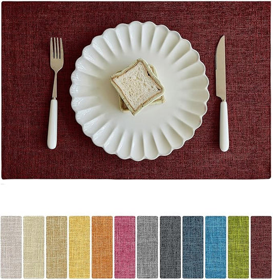 Softalker Faux Linen Placemats Set of 6-12 x 18 Inch, Heat Resistant Double Layered Durable Burlap Farmhouse Place Mats, Non-Slip Washable Rustic Table Mats for Dining, Kitchen, Party竊늃ed