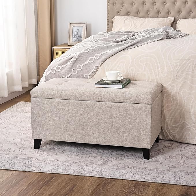 Asense Rectangular Lift Top Storage Ottoman Bench Footrest, Large Space (Linen-Beige)