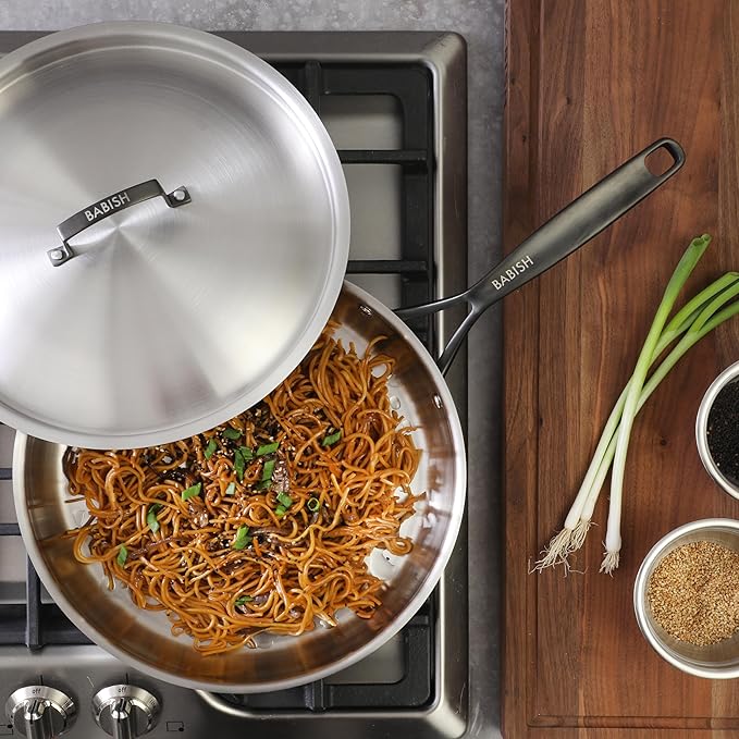 Babish 12-Inch Tri-Ply Stainless Steel Frying Pan with Lid & Black Handle ??Professional Grade Skillet for Searing, Saut챕ing & Even Heat Cooking