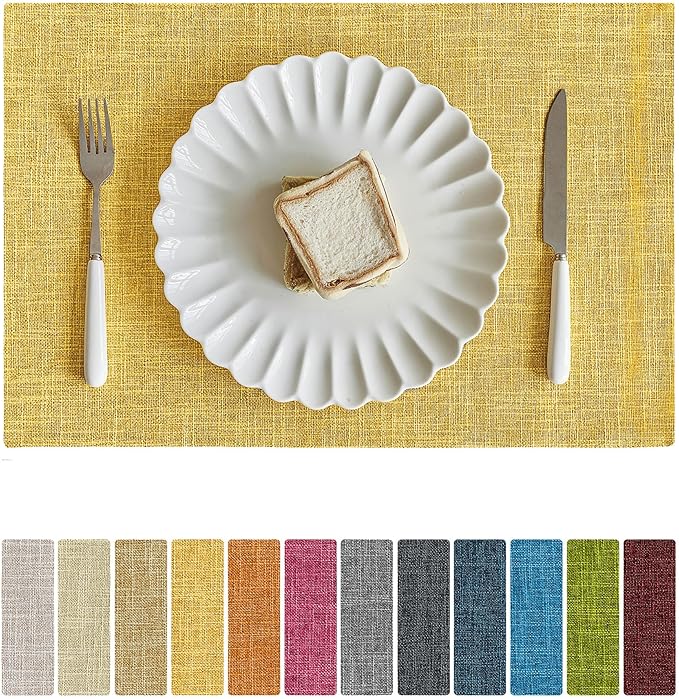 Softalker Faux Linen Placemats Set of 8-12 x 18 Inch, Heat Resistant Double Layered Durable Burlap Farmhouse Place Mats, Non-Slip Washable Rustic Table Mats for Dining, Kitchen, Party竊늍ellow