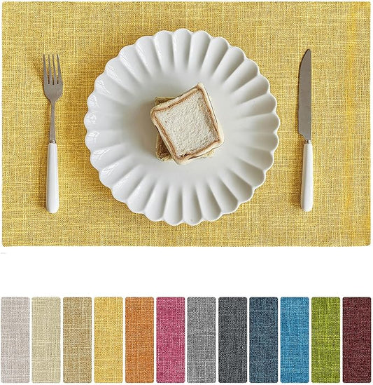 Softalker Faux Linen Placemats Set of 6-12 x 18 Inch, Heat Resistant Double Layered Durable Burlap Farmhouse Place Mats, Non-Slip Washable Rustic Table Mats for Dining, Kitchen, Party竊늍ellow