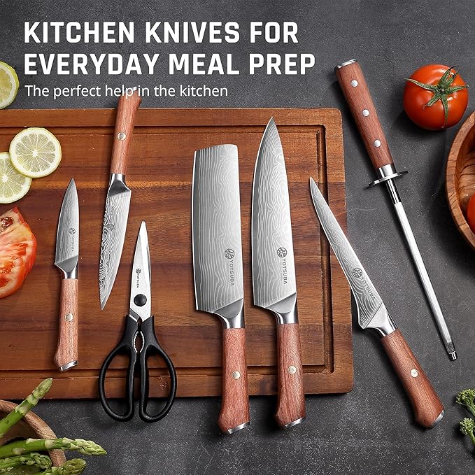 YOTSUBA Kitchen Knife Set, 8 PCS Knife Set with Block, High Carbon Stainless Steel Chef Knives Set, Sharp Knives Set for Kitchen, Japanese Knife Set with Ergonomic Rosewood Handle