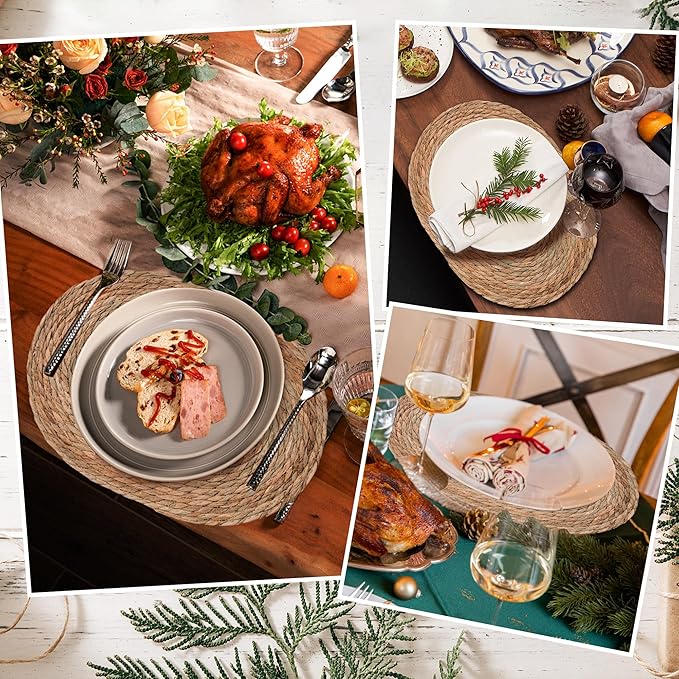Oval Woven Placemats Set of 8, 16"x 12"Braided Rattan Table Mats,Farmhouse Rattan Chargers for Dinner Plates,Boho Vintage Table Mats for Christmas Home Dining Kitchen Parties Decoration