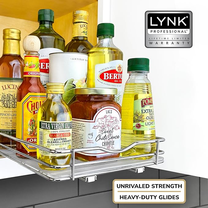 LYNK PROFESSIONAL짰 Pull Out Spice Rack Organizer for Inside Kitchen Cabinets - 8-3/8 inch Wide - Slide Out Drawer ??Chrome Sliding Spice Cabinet Organization Shelf Racks - 1 Tier